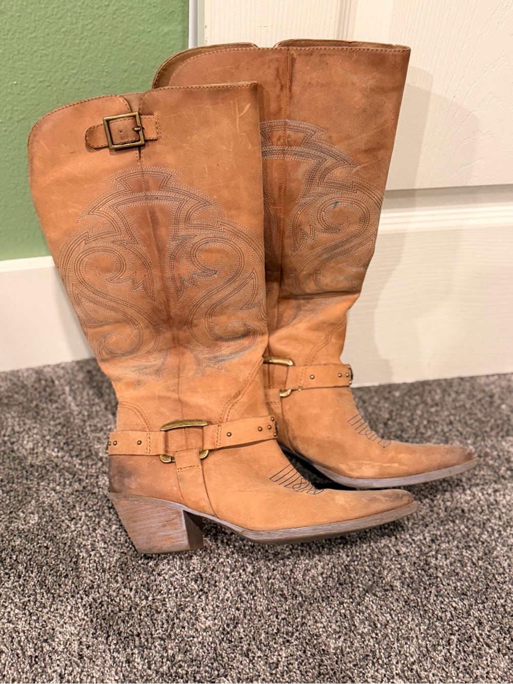 Reba Cognac Suede Western Knee-High Heeled Boots